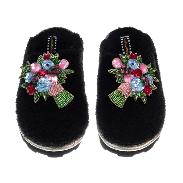 laines london Teddy Closed Toe Slippers With Flower Bouquet Brooches