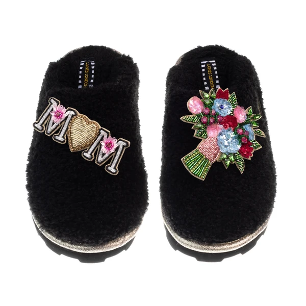 Laines London Teddy Closed Toe Slippers With Flower Bouquet & Mum / Mom Brooches