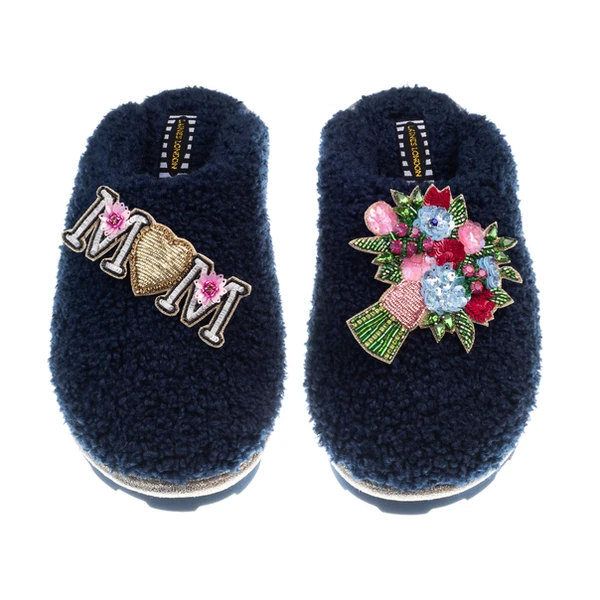 Laines London Teddy Closed Toe Slippers With Flower Bouquet & Mum / Mom Brooches