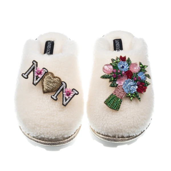 Laines London Teddy Closed Toe Slippers With Flower Bouquet & Nan Brooches