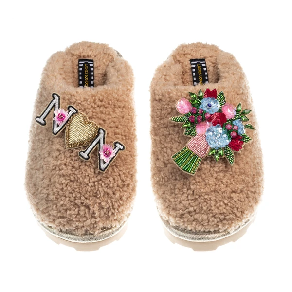 Laines London Teddy Closed Toe Slippers With Flower Bouquet & Nan Brooches