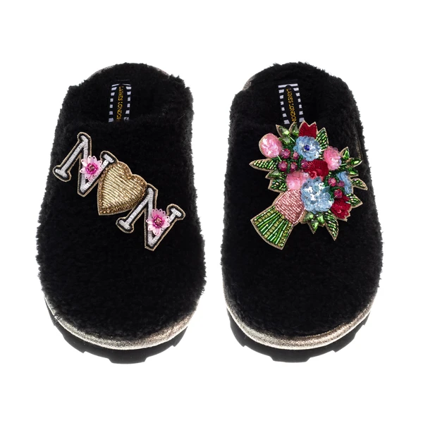 Laines London Teddy Closed Toe Slippers With Flower Bouquet & Nan Brooches