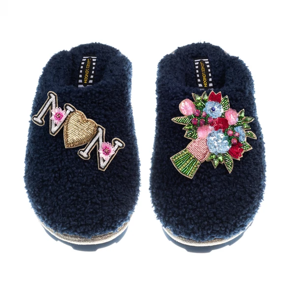 laines london Teddy Closed Toe Slippers With Flower Bouquet & Nan Brooches