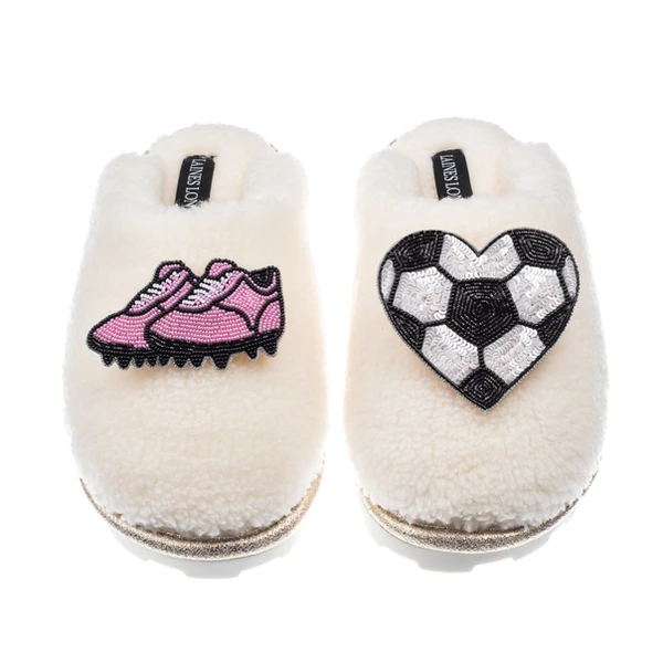 Laines London Teddy Closed Toe Slippers With Football / Soccer Lover Brooches