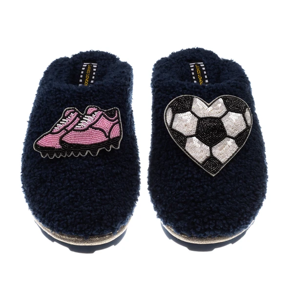 Laines London Teddy Closed Toe Slippers With Football / Soccer Lover Brooches