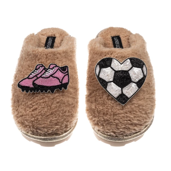 Laines London Teddy Closed Toe Slippers With Football / Soccer Lover Brooches