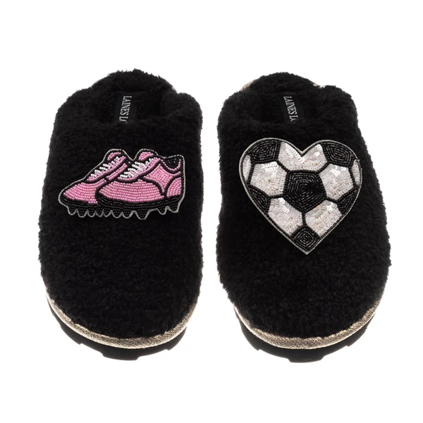laines london Teddy Closed Toe Slippers With Football / Soccer Lover Brooches