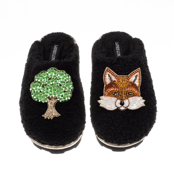 Laines London Teddy Closed Toe Slippers With Fox & Oak Tree Brooches