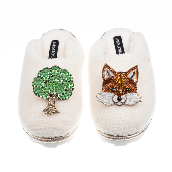 Laines London Teddy Closed Toe Slippers With Fox & Oak Tree Brooches