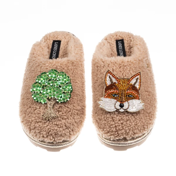 Laines London Teddy Closed Toe Slippers With Fox & Oak Tree Brooches