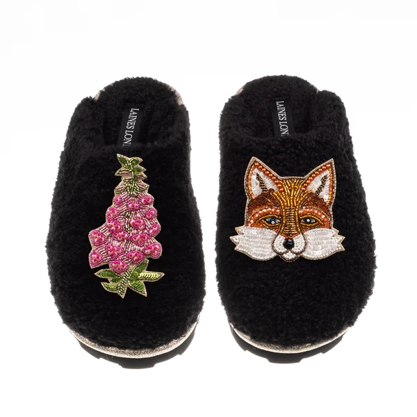 Laines London Teddy Closed Toe Slippers With Fox & Pink Foxglove Brooches
