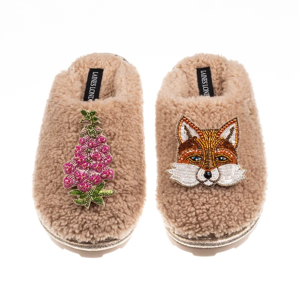 Laines London Teddy Closed Toe Slippers With Fox & Pink Foxglove Brooches