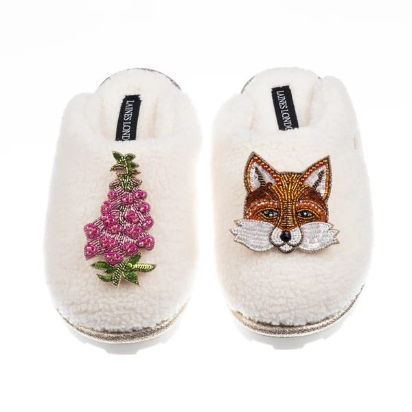 Laines London Teddy Closed Toe Slippers With Fox & Pink Foxglove Brooches