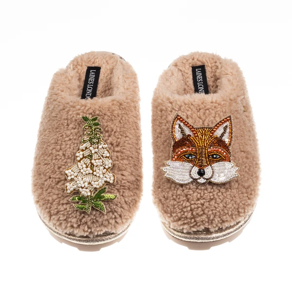 Laines London Teddy Closed Toe Slippers With Fox & White Foxglove Brooches