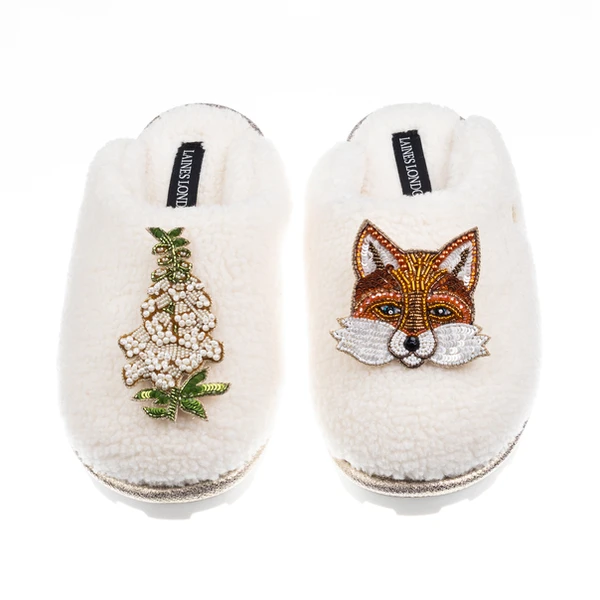 Laines London Teddy Closed Toe Slippers With Fox & White Foxglove Brooches