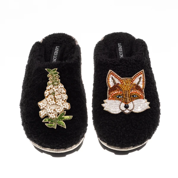 Laines London Teddy Closed Toe Slippers With Fox & White Foxglove Brooches