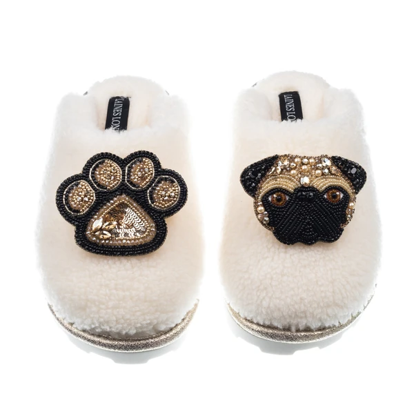 Laines London Teddy Closed Toe Slippers With Franki & Paw Brooches
