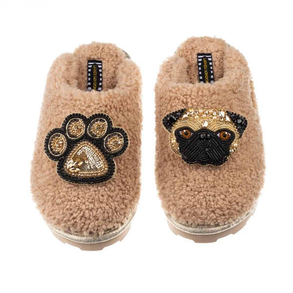 laines london Teddy Closed Toe Slippers With Franki & Paw Brooches