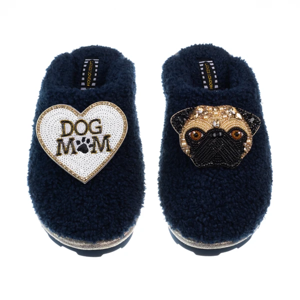 Laines London Teddy Closed Toe Slippers With Franki Pug & Dog Mum / Mom Brooches