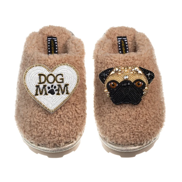 Laines London Teddy Closed Toe Slippers With Franki Pug & Dog Mum / Mom Brooches