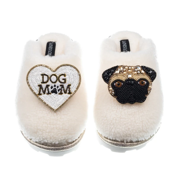 Laines London Teddy Closed Toe Slippers With Franki Pug & Dog Mum / Mom Brooches