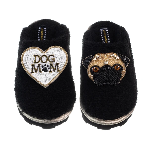 laines london Teddy Closed Toe Slippers With Franki Pug & Dog Mum / Mom Brooches