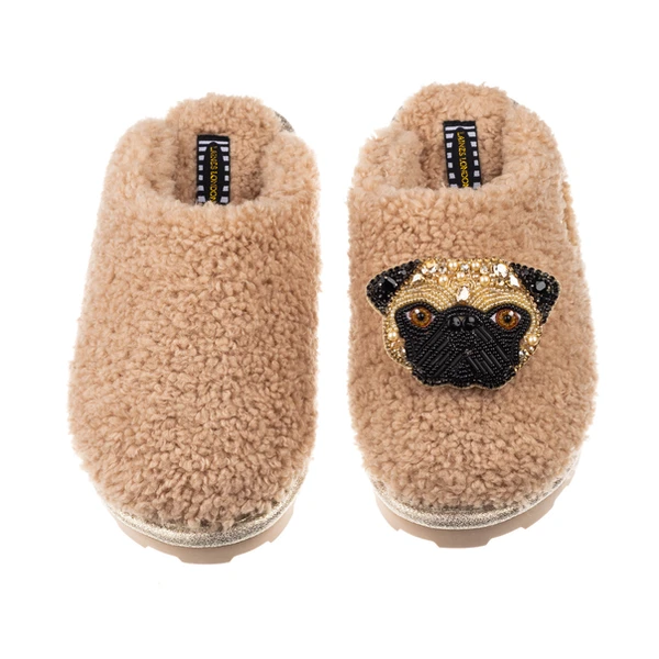 Laines London Teddy Closed Toe Slippers With Franki The Fawn Pug Brooch