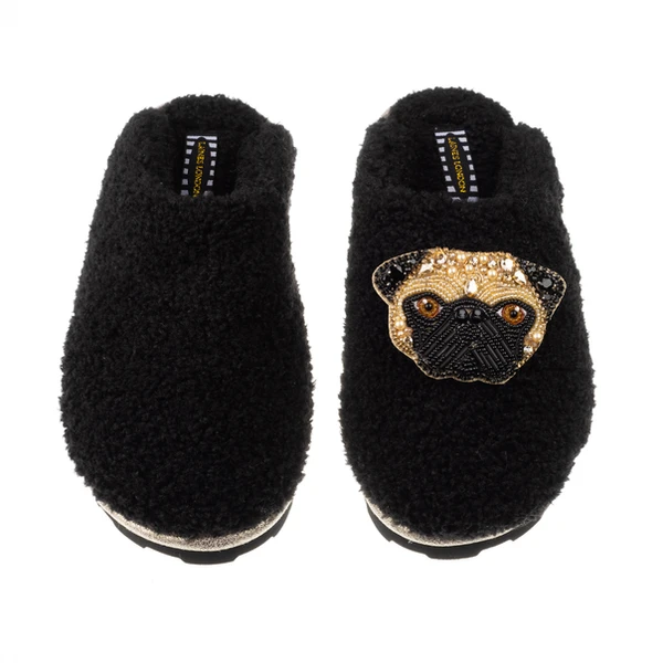 Laines London Teddy Closed Toe Slippers With Franki The Fawn Pug Brooch