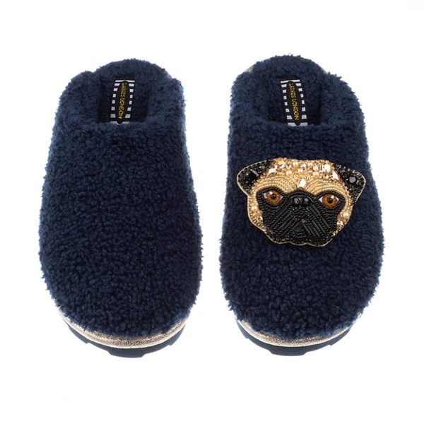 laines london Teddy Closed Toe Slippers With Franki The Fawn Pug Brooch