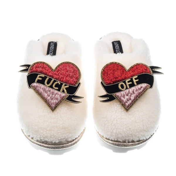 Laines London Teddy Closed Toe Slippers With Fuck Off Brooches