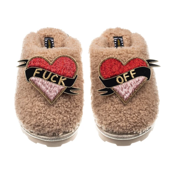 Laines London Teddy Closed Toe Slippers With Fuck Off Brooches