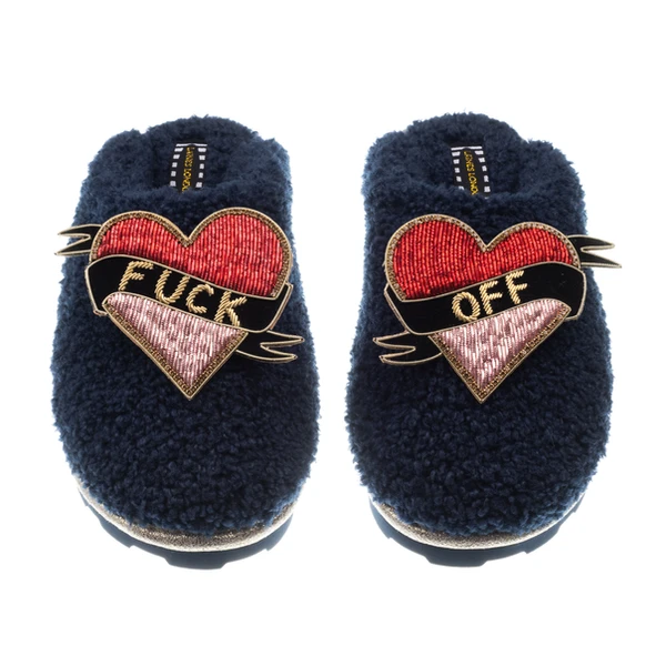 Laines London Teddy Closed Toe Slippers With Fuck Off Brooches