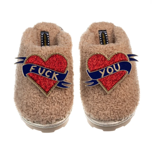Laines London Teddy Closed Toe Slippers With Fuck You Brooches