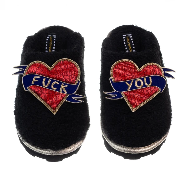 Laines London Teddy Closed Toe Slippers With Fuck You Brooches