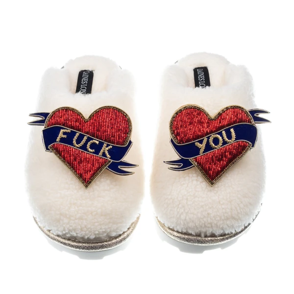 Laines London Teddy Closed Toe Slippers With Fuck You Brooches