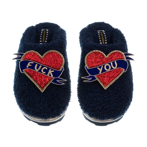 laines london Teddy Closed Toe Slippers With Fuck You Brooches