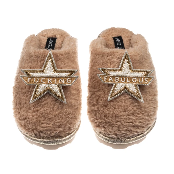 Laines London Teddy Closed Toe Slippers With Fucking Fabulous Brooches