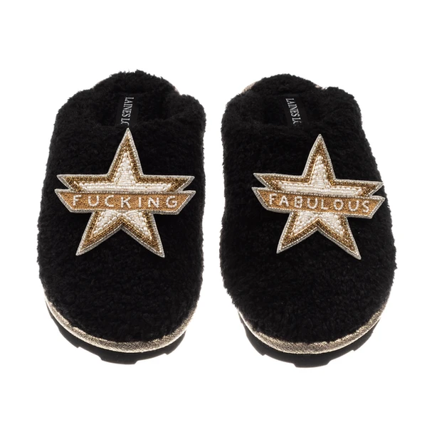 Laines London Teddy Closed Toe Slippers With Fucking Fabulous Brooches