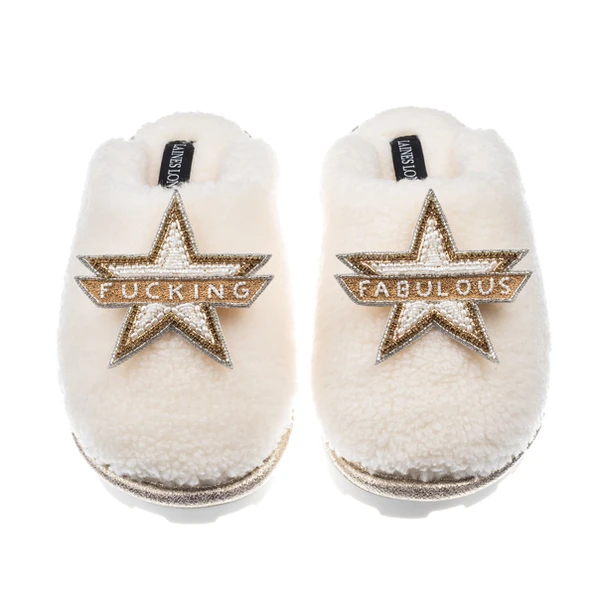 laines london Teddy Closed Toe Slippers With Fucking Fabulous Brooches