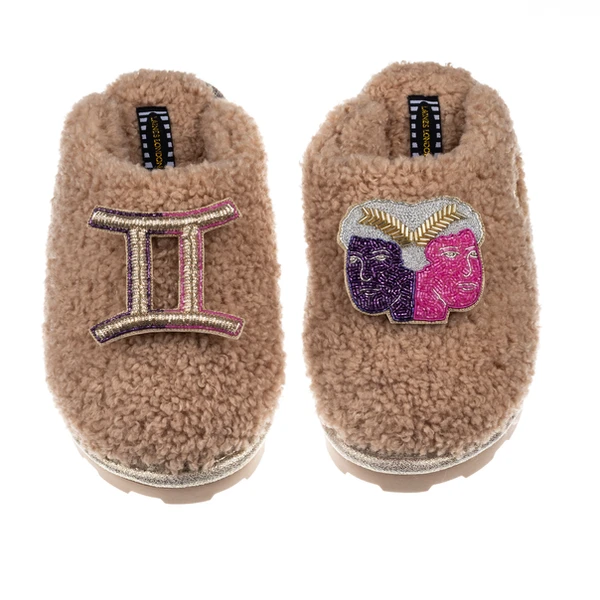 Laines London Teddy Closed Toe Slippers With Gemini Star Sign Brooches