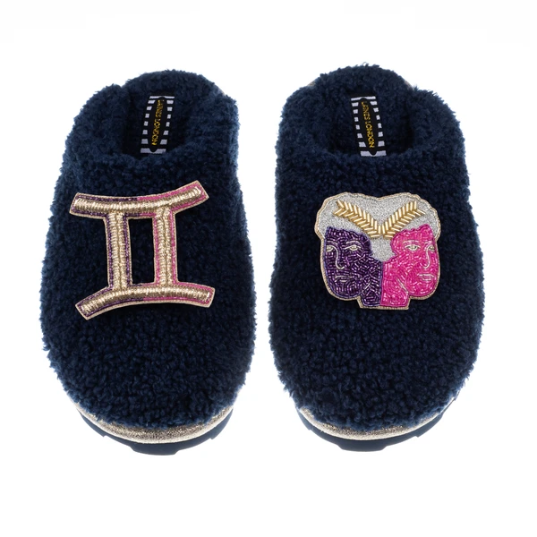 Laines London Teddy Closed Toe Slippers With Gemini Star Sign Brooches