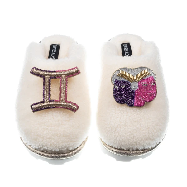 Laines London Teddy Closed Toe Slippers With Gemini Star Sign Brooches