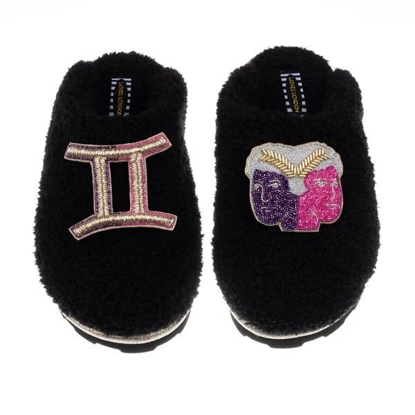 laines london Teddy Closed Toe Slippers With Gemini Star Sign Brooches