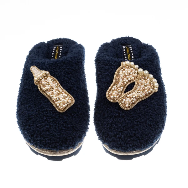 Laines London Teddy Closed Toe Slippers With Gold New Baby Brooches