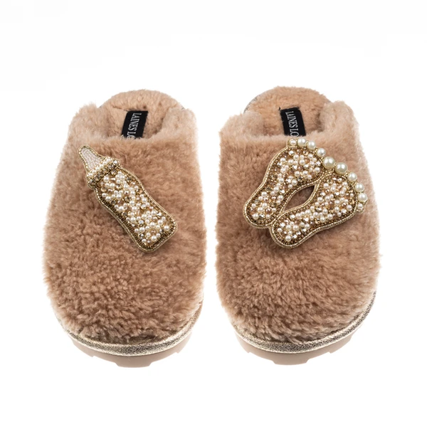 Laines London Teddy Closed Toe Slippers With Gold New Baby Brooches