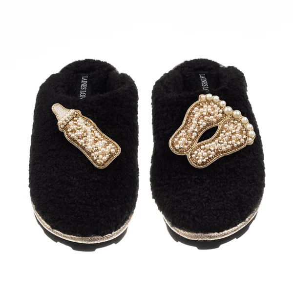 Laines London Teddy Closed Toe Slippers With Gold New Baby Brooches