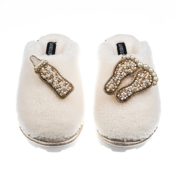 laines london Teddy Closed Toe Slippers With Gold New Baby Brooches