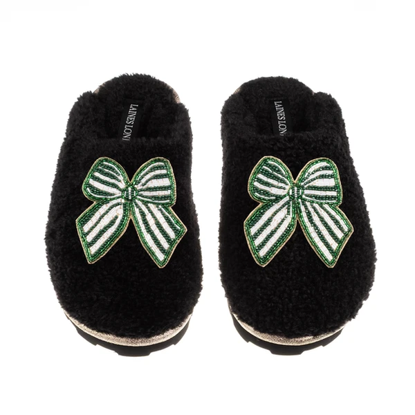 Laines London Teddy Closed Toe Slippers With Green Stripe Bow Brooches