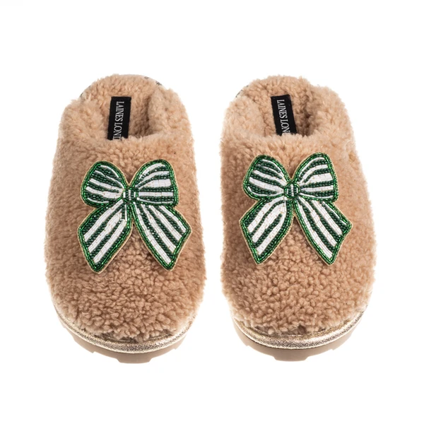 Laines London Teddy Closed Toe Slippers With Green Stripe Bow Brooches