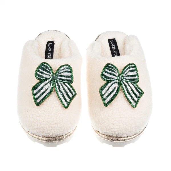 laines london Teddy Closed Toe Slippers With Green Stripe Bow Brooches